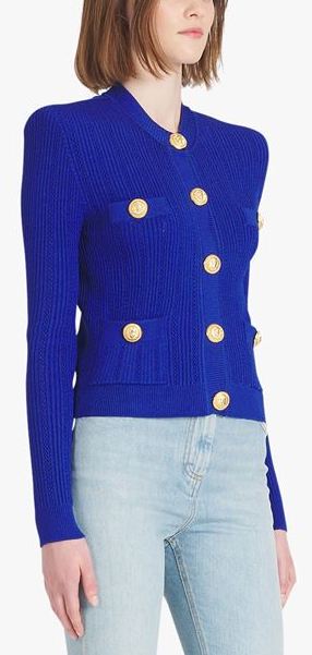 Cropped “Gitane” Knit Cardigan with Gold-Tone Buttons, Blue Inspired Fashions Boutique