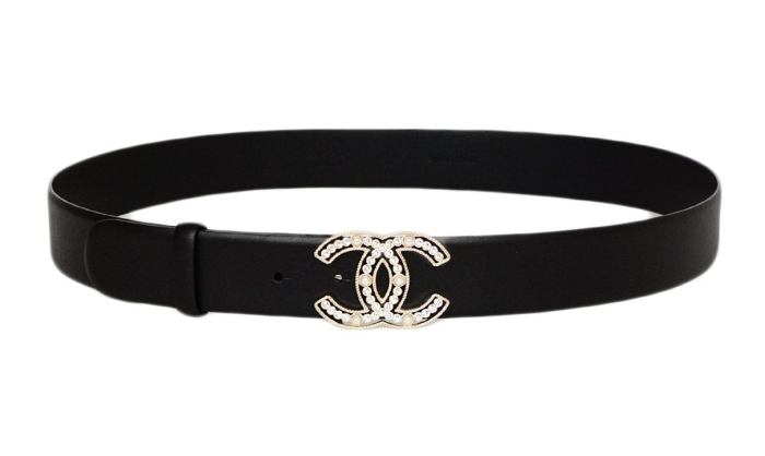 Black Leather Belt with Crystal Pearl CC Buckle