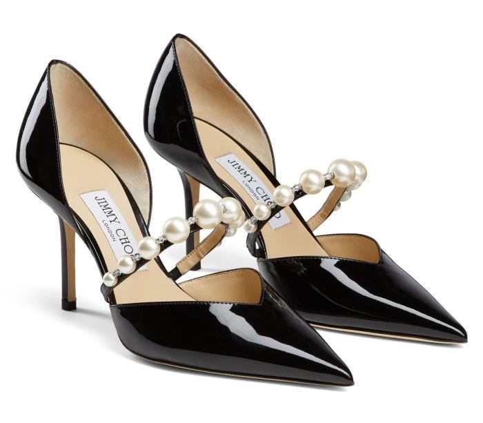 'Aurelie' 85 Patent Leather Pointed Pumps with Pearl Embellishment, Black