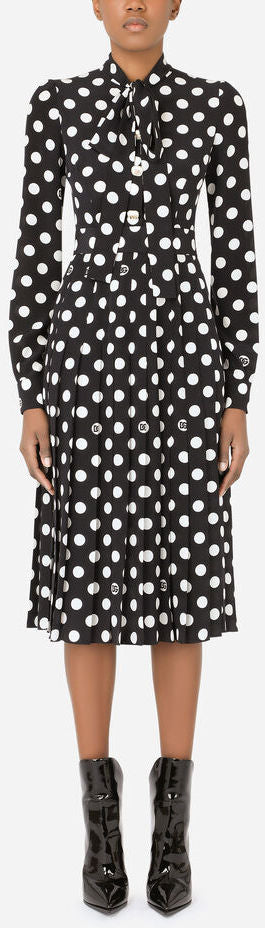 Crepe de Chine Midi Dress with Polka-Dot Print
