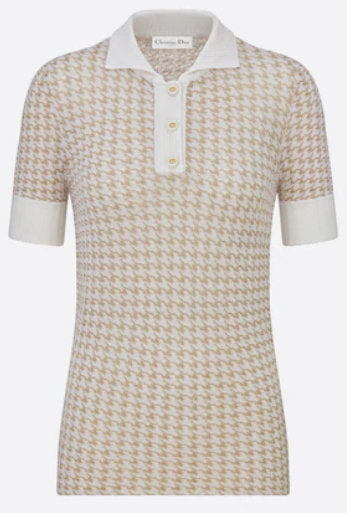 Gold-Tone Technical Cashmere Jacquard with Micro Houndstooth Motif Short-Sleeved Sweater
