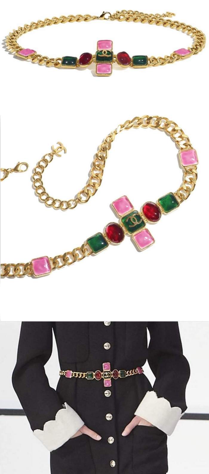 Gold Metal and Resin Belt, Green, Burgundy & Pink