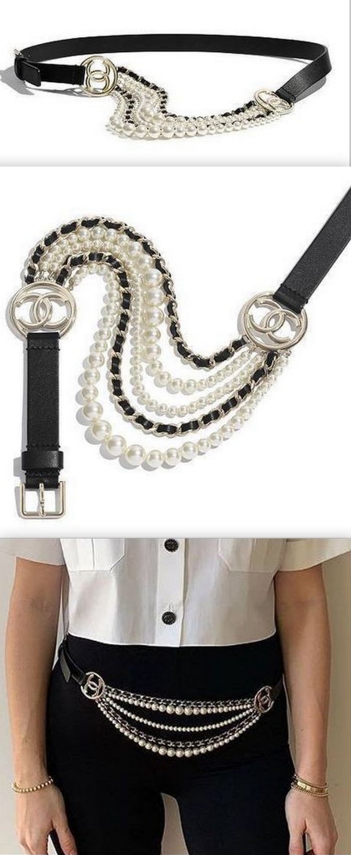 Multi Pearl and Leather Chain Logo Belt