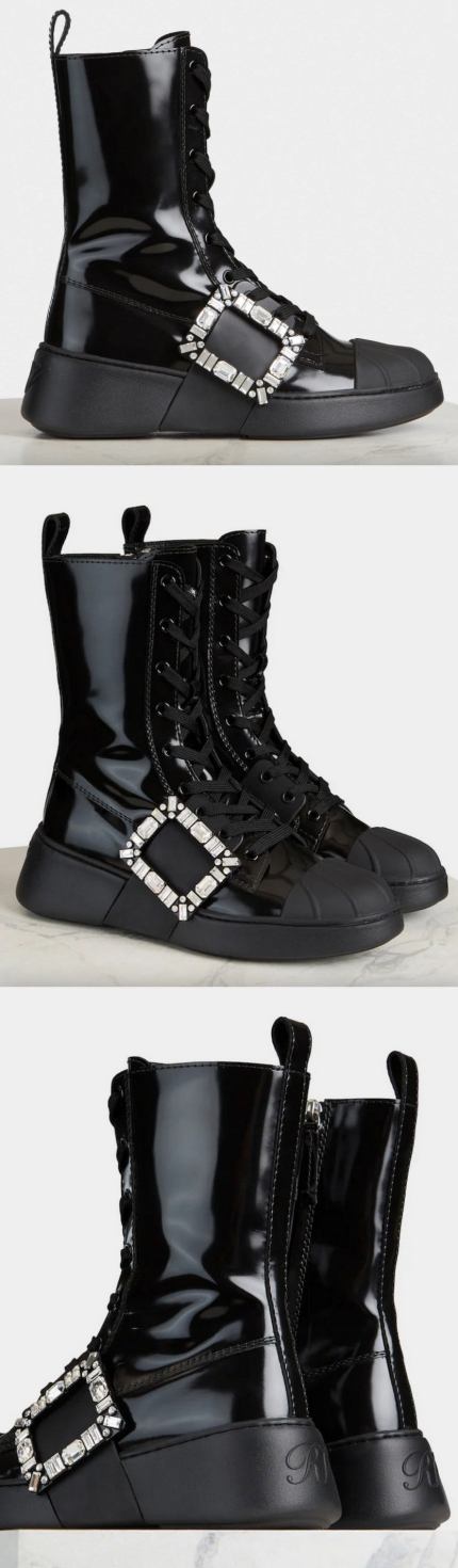 'Viv' Skate Lace Up Strass Buckle Booties in Leather