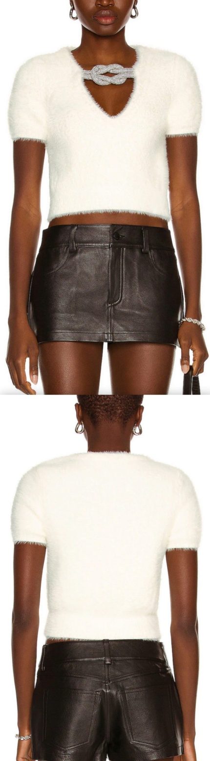 Chain-Detail Cropped Fur Effect Top, White