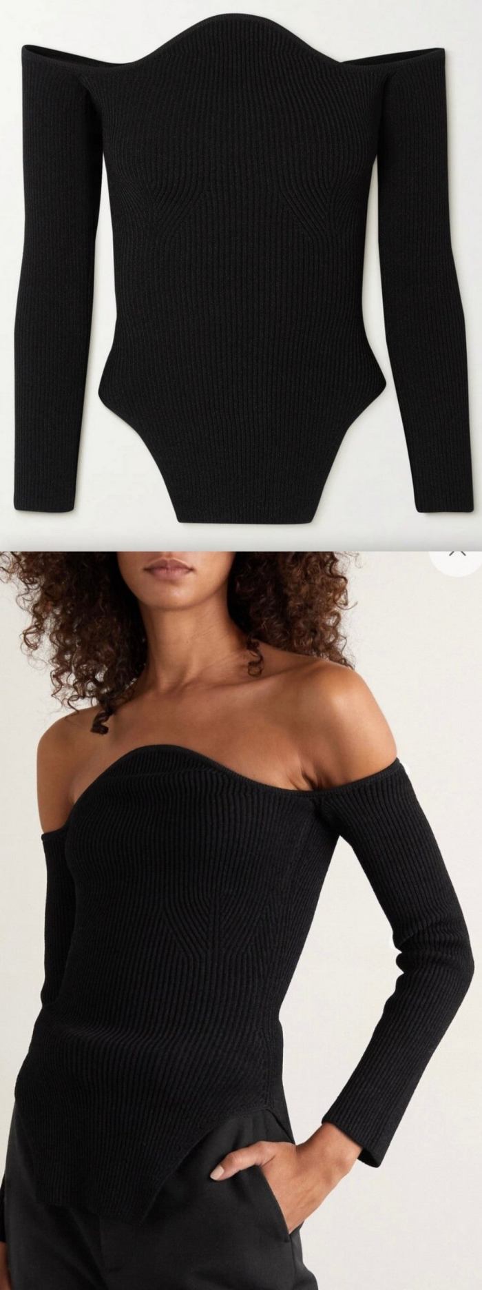 'Maria' Off-The-Shoulder Ribbed-Knit Sweater, Black