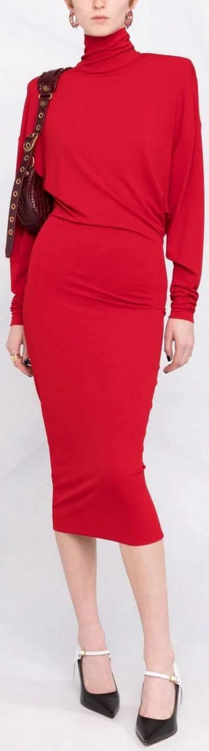 Stretch Jersey Turtleneck Dress, Red
