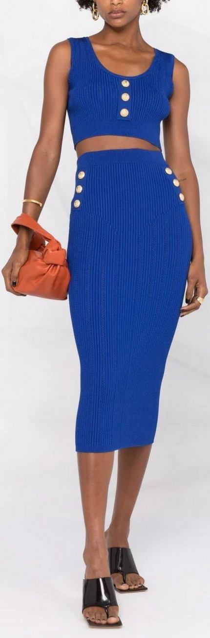 Button-Knitted Midi Skirt, Blue