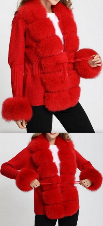 Fur-Trim Knit Cardigan Sweater, Red