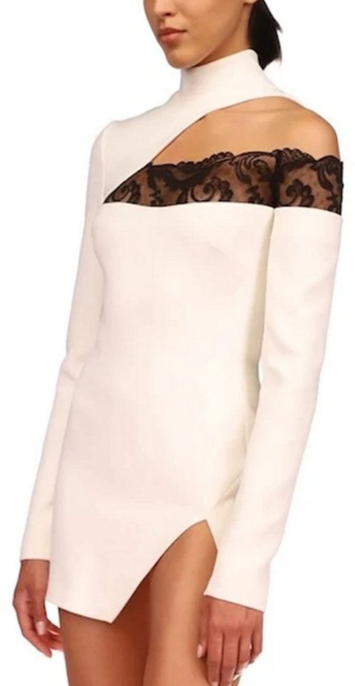 Asymmetric Lace-Trim Long-Sleeve Mini Dress Inspired Fashions Boutique