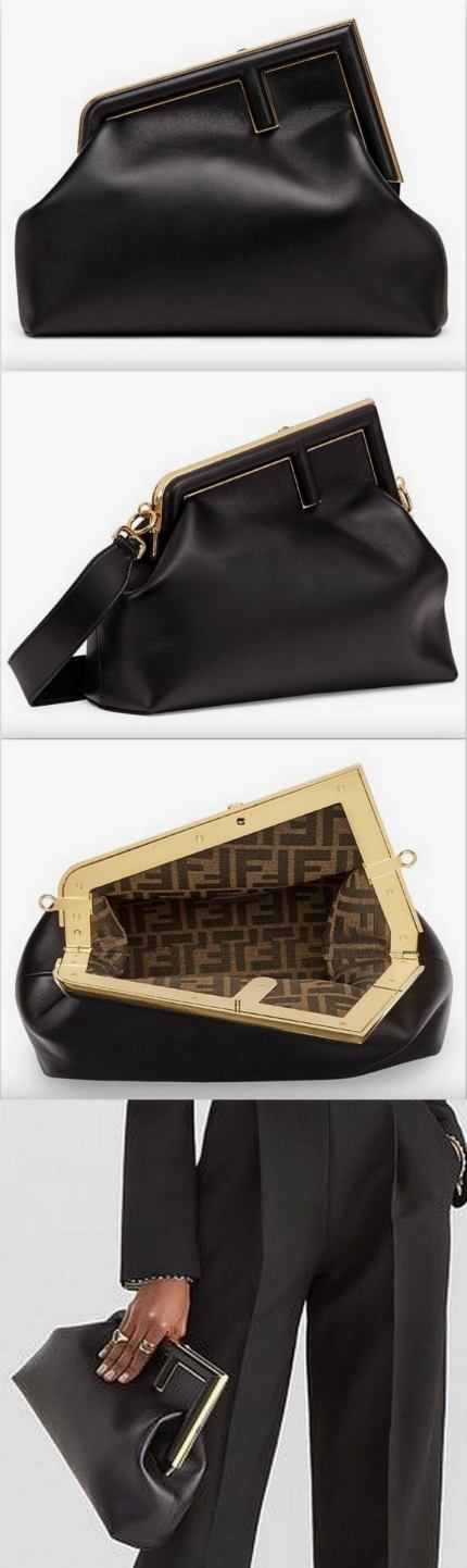 'F' First Leather Handbag, Black-Size Small or Medium