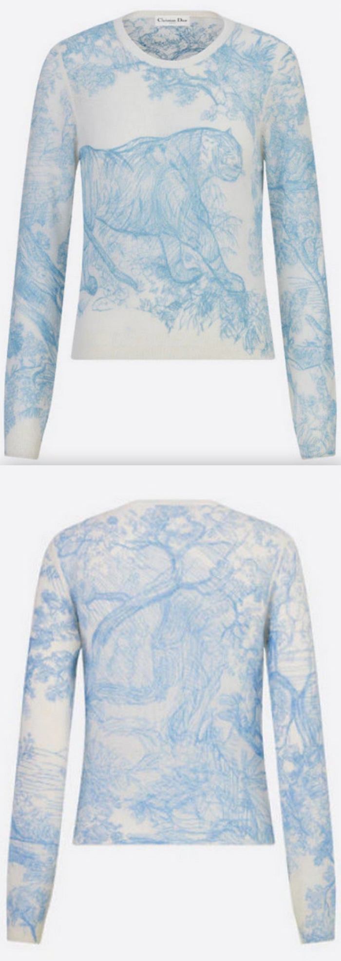 'Chez Moi' Embroidered Technical Cashmere Knit Sweater with Toile de Jouy Motif, Cornflower Blue