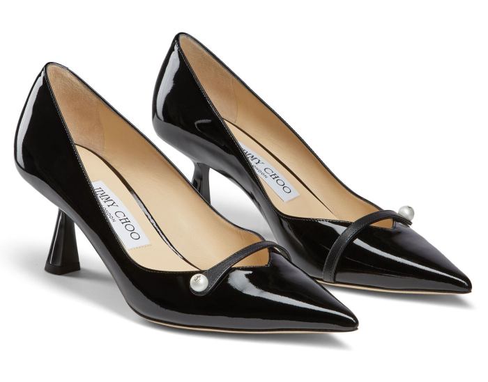 'Rosalia' 65 Patent Pointed Pumps with Pearl Detail, Black