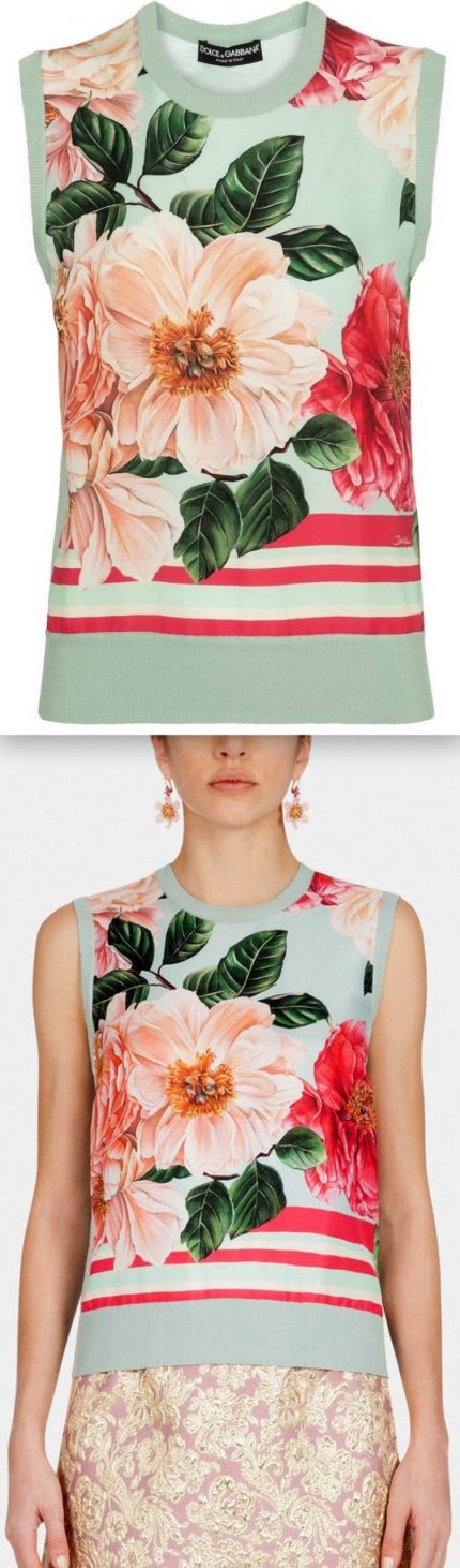 Camellia Print Silk and Twill Sleeveless Sweater