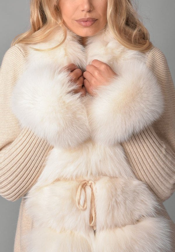 Fur-Trim Knit Cardigan Sweater, Beige Inspired Fashions Boutique