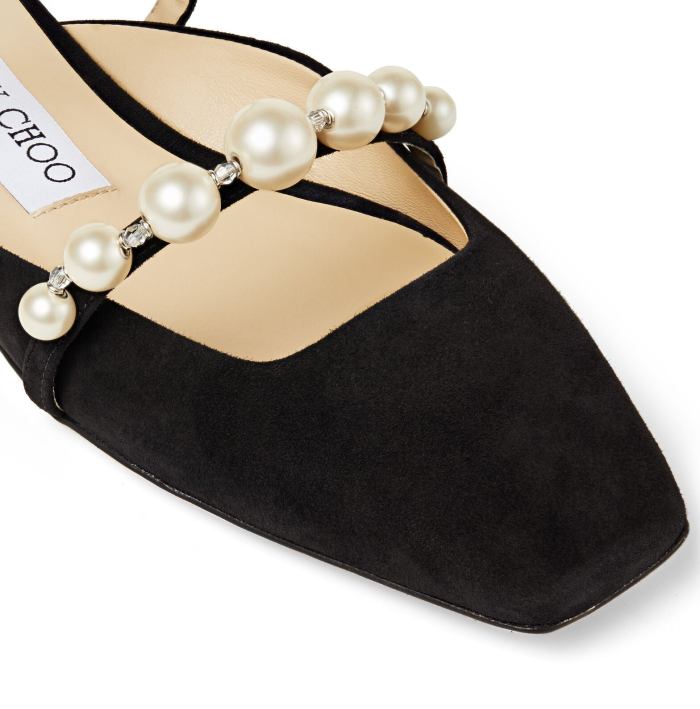 'Amaya' Black Suede Flats with Pearl Embellishment