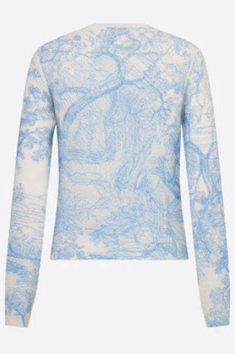 'Chez Moi' Embroidered Technical Cashmere Knit Sweater with Toile de Jouy Motif, Cornflower Blue