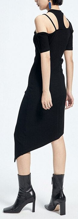 Asymmetrical Cold-Shoulder Cut-Out Ribbed Midi Dress Inspired Fashions Boutique