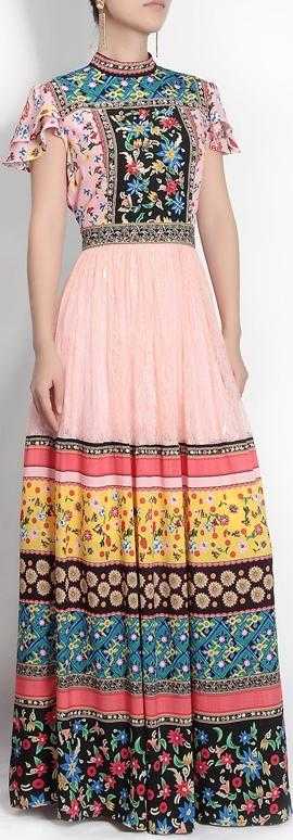 Long Printed Lace-Panel Maxi Dress