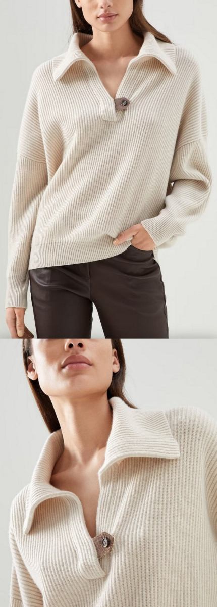 Cashmere English Rib Sweater with Precious Button Tab Women's Designer Fashions
