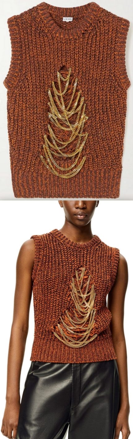 Embellished Distressed Mélange Sleeveless Sweater Women's Designer Fashions