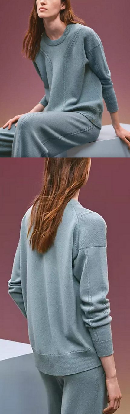 Long-Sleeve Scottish Cashmere Sweater, Bleu Lichen Women's Designer Fashions