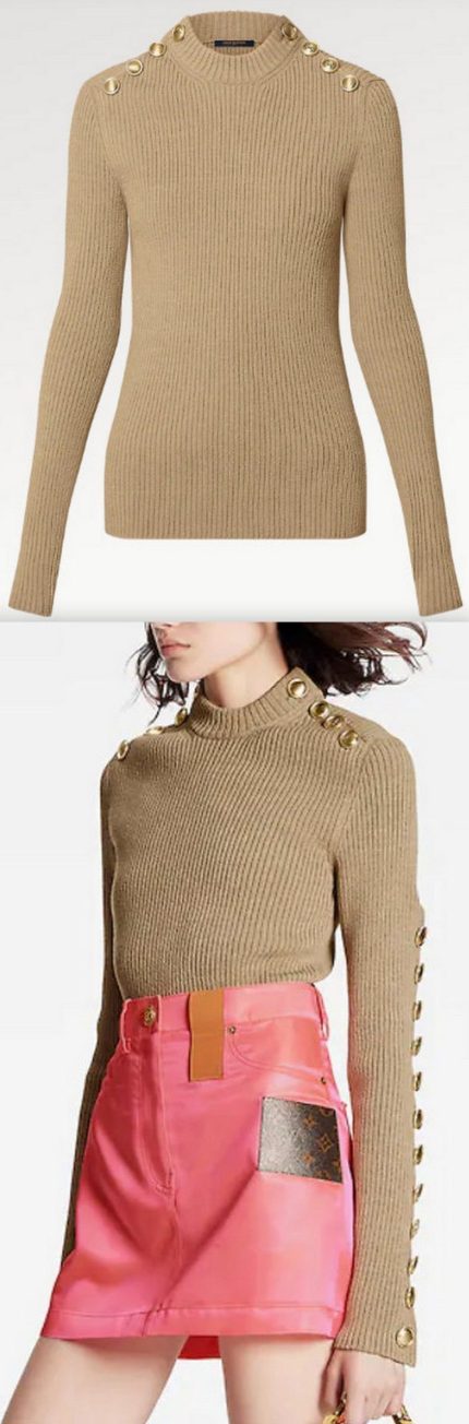 Button Detail Rib Knit Pullover Women's Designer Fashions