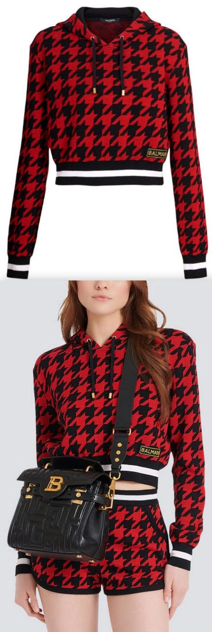 Cropped Houndstooth Hooded Jacquard Sweatshirt, Red and Black Women's Designer Fashions