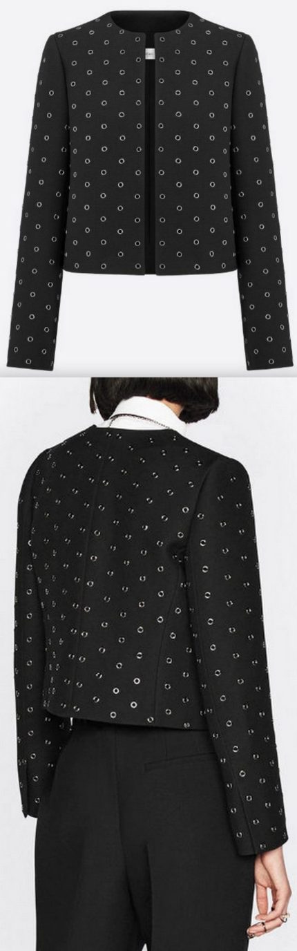 Black Embroidered Eyelet Motif Cropped Open Jacket Women's Designer Fashions
