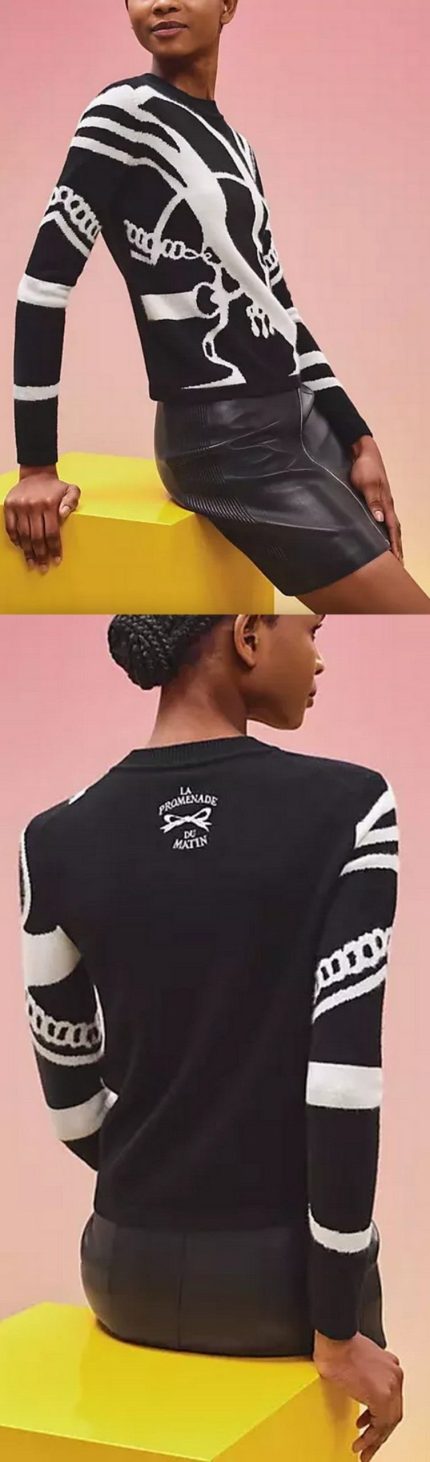 'Promenade du Martin' Intarsia Long-Sleeve Sweater, Noir Women's Designer Fashions