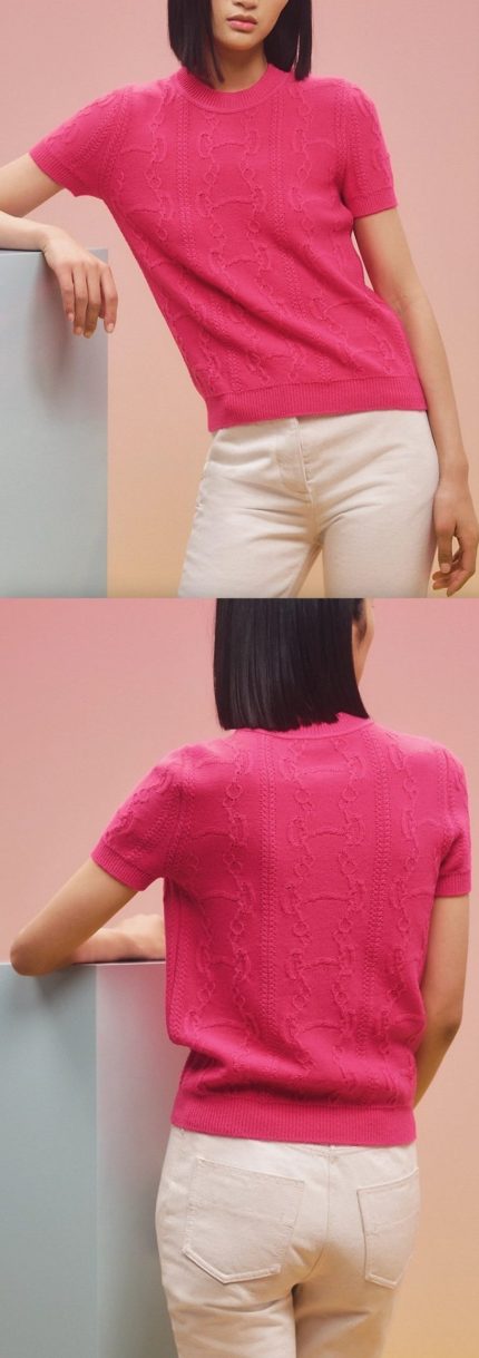 'Promenade du Matin' Cable Stitch Short-Sleeve Sweater, Rose Flash Women's Designer Fashions