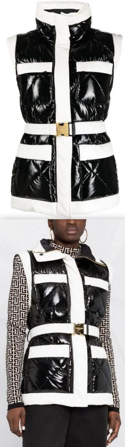 Black and White Quilted Belted Gilet Women's Designer Fashions