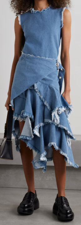 Asymmetric Ruffled Frayed Denim Wrap Skirt Inspired Fashions Boutique