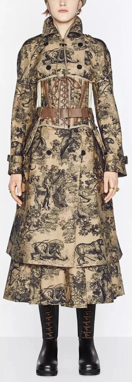 Hazelnut Toile de Jouy Gabardine Trench Coat Women's Designer Fashions
