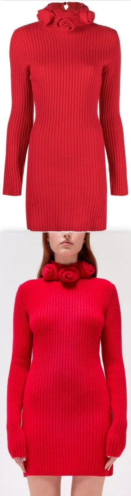 Knitted Mini Dress with 3D Roses, Red Women's Designer Fashions