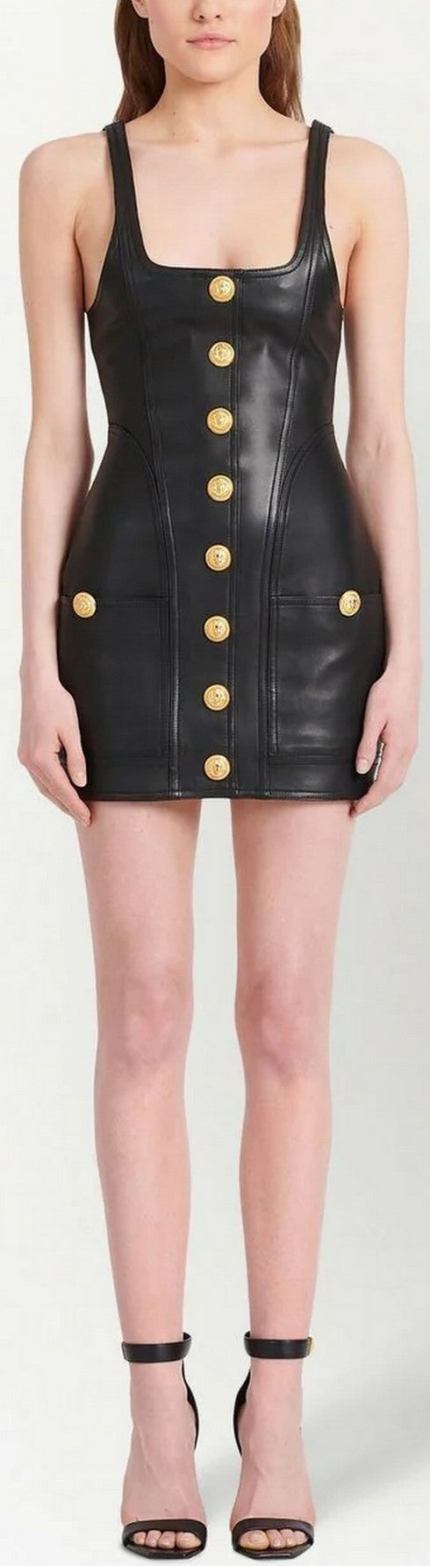 Button-Embellished Paneled Leather Mini Dress Women's Designer Fashions