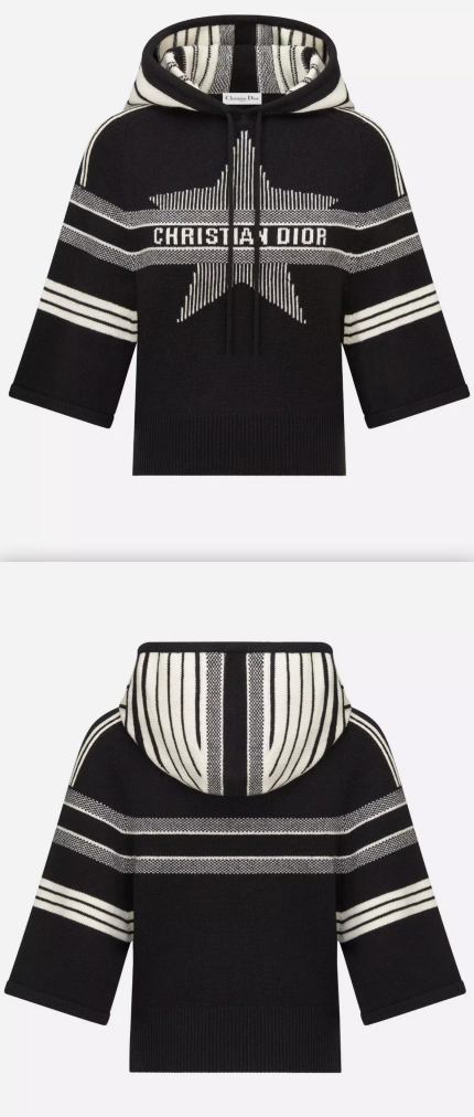 Black and White Jersey Star Motif 3/4 Sleeve Sweater Women's Designer Fashions