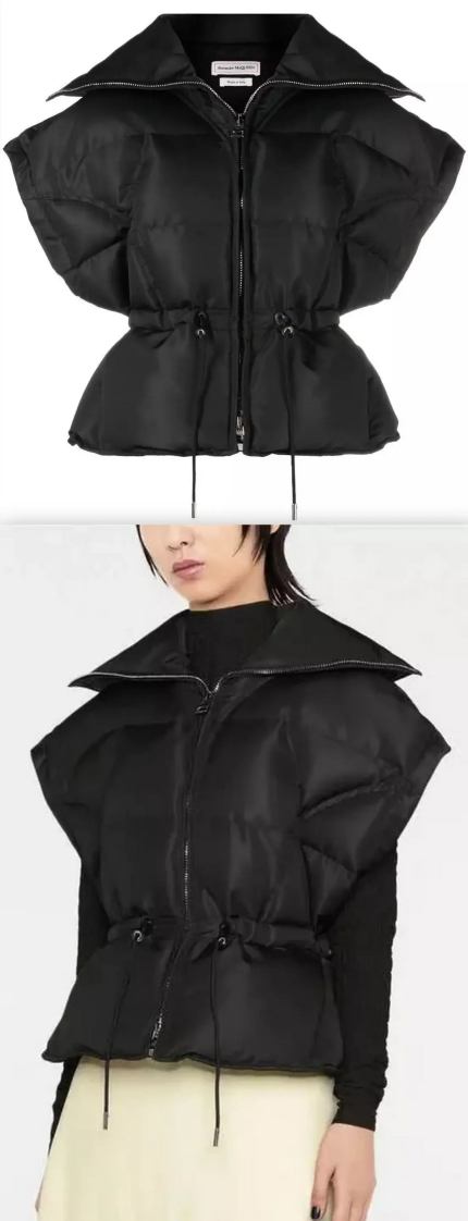 Sleeveless Waisted Puffer Jacket in Black Women's Designer Fashions