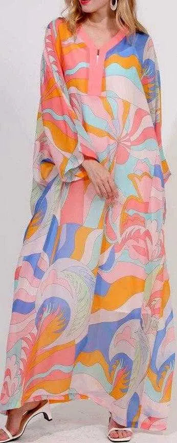 Abstract Print Silk-Blend Kaftan Beach Gown DESIGNER INSPIRED FASHIONS