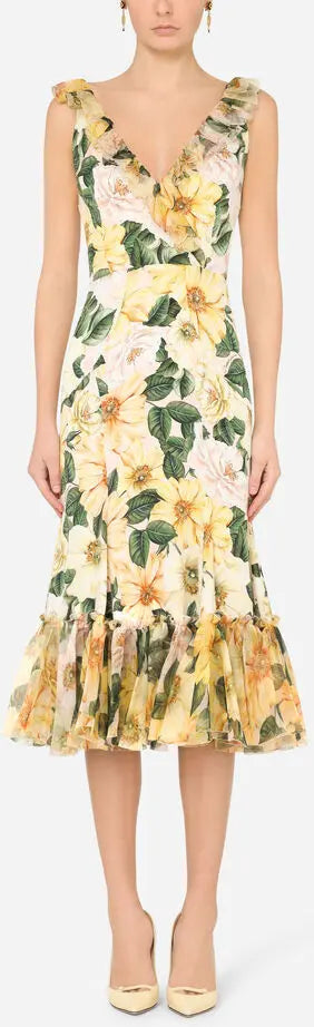 Camellia-Print Midi Dress DESIGNER INSPIRED FASHIONS