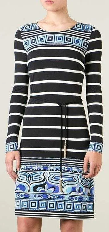Long-Sleeve Striped Square-Border Dress DESIGNER INSPIRED FASHIONS