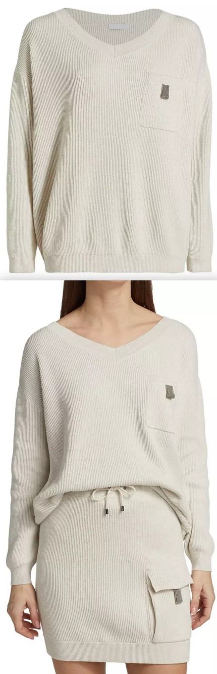 Beaded-Tab Pocket V-Neck Cashmere Sweater Women's Designer Fashions