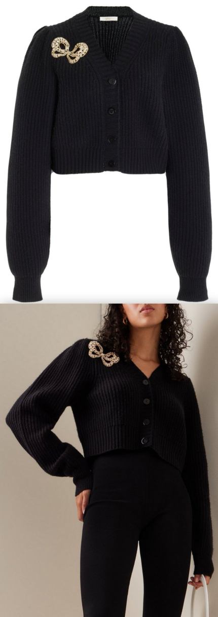 Bow-Embellished Cardigan Sweater, Black Women's Designer Fashions
