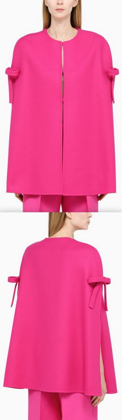 Pink Wool/Cashmere Cape Coat with Bows Women's Designer Fashions