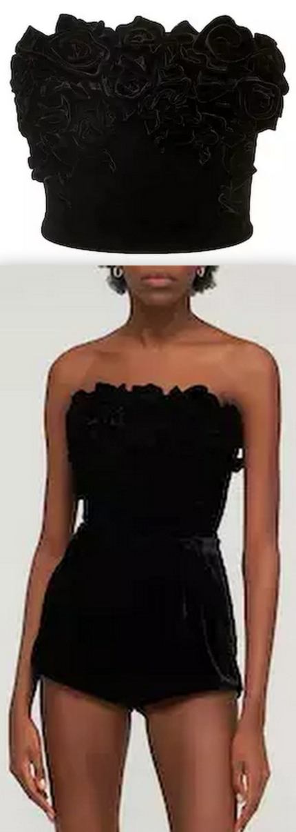 Black Velvet Rose Appliques Cropped Strapless Top Women's Designer Fashions